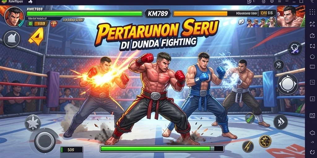 Gameplay KM789 dengan pertarungan seru antara karakter.