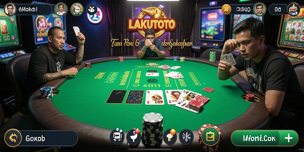 Screenshot utama LAKUTOTO menampilkan aksi seru di meja poker.