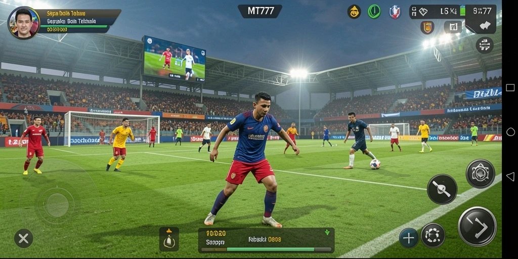 Screenshot gameplay MT777 yang menampilkan aksi di lapangan sepak bola.